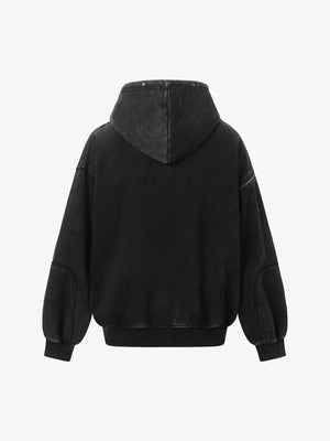 Street Washed Distressed Stitching Rivet Hooded Jacket - thumbnail 4