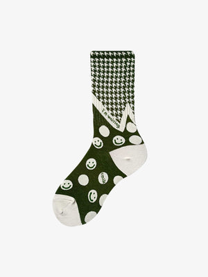 Smiley Face Crew Socks in Black or Houndstooth Green – Green, pair view | XoKool