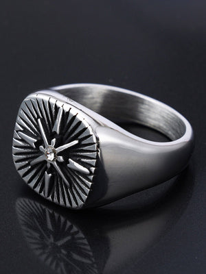 Oxidized Compass Star Signet Ring with Stone – Three-quarter view, dark background | XoKool