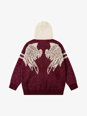 Flauschiger Strick Zip Hoodie mit Angel Wings – Bordeaux, Rückansicht mit Flügeln | XoKool