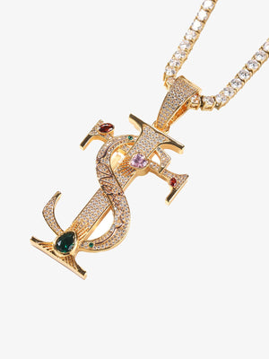 Dollarzeichen Kette – Gold, an Tenniskette, schräg | XoKool