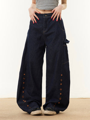 Barrel Jeans with Button Rows Down the Leg – Dark indigo on model, front | XoKool