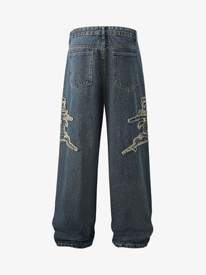 Raw Edge Patchwork Baggy Jeans – Vintage Blue, back view | XoKool