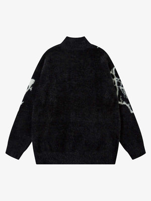 Fuzzy Lightning Jacquard Zip Up Sweater – Black, back view | XoKool