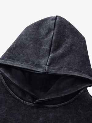 Acid Wash Flame Hoodie with Distressed Text – hood close-up | XoKool