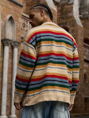 Fuzzy striped sweater – on model, back | XoKool