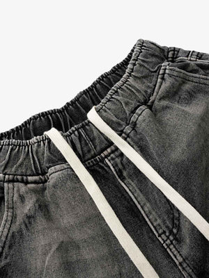 Washed Black Denim Cargo Shorts with Panel Seams – drawstring close-up | XoKool