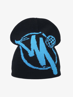 Jacquard Totenkopf Beanie – Schwarz/Blau, Vorderansicht | XoKool