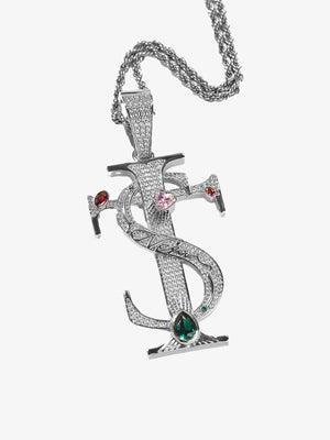 Iced Dollarzeichen Kreuz Anhänger Halskette – Silber, schräg | XoKool
