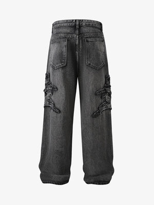 Raw Edge Patchwork Baggy Jeans – Washed Grey, back view | XoKool