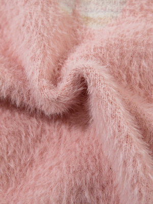 Pink Fuzzy Flame Jacquard Zip Up Cardigan – fuzzy knit texture close-up | XoKool