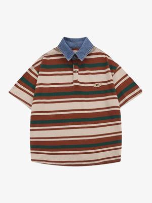 Braun gestreiftes Strick-Poloshirt mit Denim-Kragen – Vorderansicht | XoKool