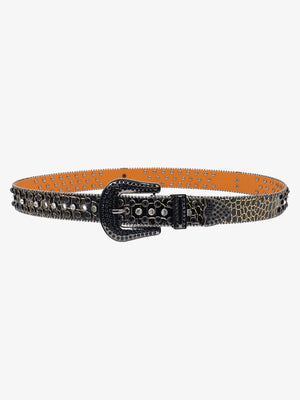 Schwarzer Strassgürtel mit Croc-Optik-Riemen – Schwarz Gold, kompletter Gürtel flach | XoKool