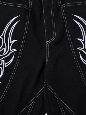 Black Baggy Jeans with Tribal Embroidery – front tribal embroidery close-up | XoKool
