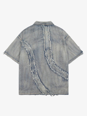 Kurzarm Jeanshemd mit Reißverschluss und offenen Kanten – Rückseite flach | XoKool