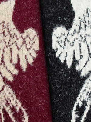 Flauschiger Strick Zip Hoodie mit Angel Wings – Flügel-Jacquard in der Nahaufnahme, Bordeaux und Schwarz | XoKool