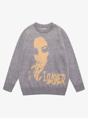 Vintage Portrait Jacquard Strick-Pullover – Grau, Vorderansicht | XoKool