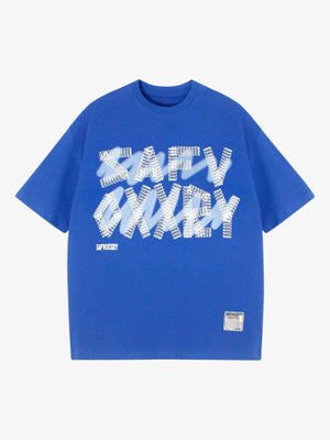 Boxy Graphic Tee with Blurred Letter Print – Blue, front | XoKool