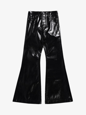 Glänzende schwarze Flared Hose mit beschichteter Oberfläche – Rückseite flach | XoKool
