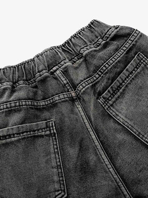 Washed Black Denim Cargo Shorts with Panel Seams – back pocket close-up | XoKool