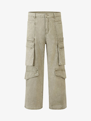 Washed Multi Pocket Cargo Pants with Split Hem – Khaki, front flat lay | XoKool
