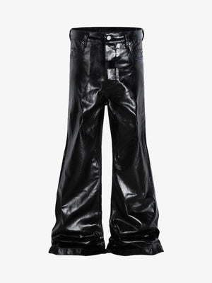 Glänzende schwarze Flared Hose mit beschichteter Oberfläche – Vorderseite flach | XoKool