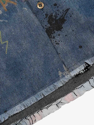 Graffiti denim shirt – frayed hem close-up | XoKool