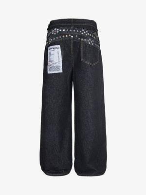 Wide Leg Graphic Jeans with Printed Belt Design – Dark, back | XoKool