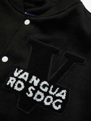 Black Varsity Jacket – chest letter patch close-up | XoKool