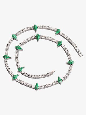 Collar de cadena tennis con strass y púas – púa verde plateada, vista plana enrollado | XoKool