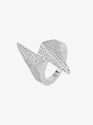 Iced Lightning Bolt Ring – Silver, three-quarter | XoKool