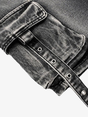 Denim cargo shorts – Washed Grey, hem strap close-up | XoKool