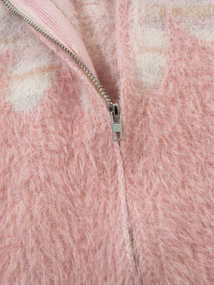 Pink Fuzzy Flame Jacquard Zip Up Cardigan – zip close-up | XoKool