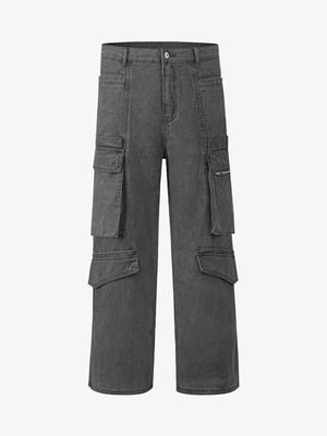 Washed Multi Pocket Cargo Pants with Split Hem – Dark Grey, front flat lay | XoKool