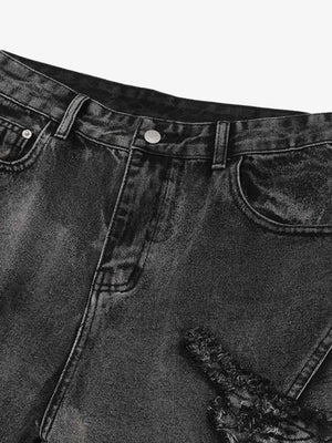 Raw edge patch jeans – waistband close-up | XoKool