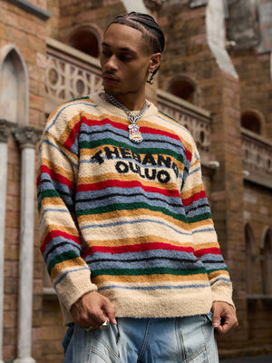 Fuzzy striped sweater – on model, front | XoKool
