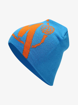 Jacquard Totenkopf Beanie – Blau/Orange, seitlicher Winkel | XoKool