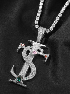 Iced Dollarzeichen Kreuz Anhänger Halskette – Silber, an Tenniskette, schwarz | XoKool