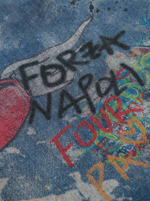 Graffiti denim shirt – slogan print close-up | XoKool
