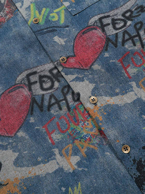 Graffiti denim shirt – front placket close-up | XoKool