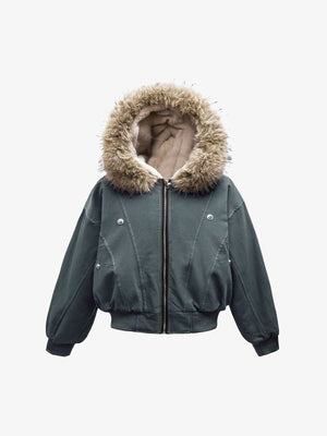 Faux Fur Lined Zip Up Hooded Bomber Jacket - thumbnail 2