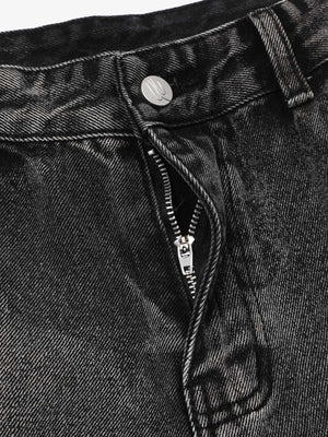Raw edge patch jeans – zip fly close-up | XoKool