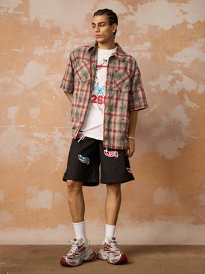 Distressed Patch Plaid Short-Sleeve Shirt - thumbnail 8