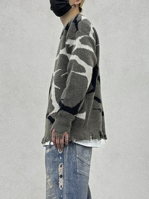 Ripped Thorn Jacquard Knit Sweater – Grey, on model side | XoKool