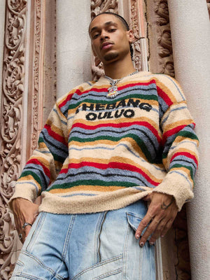 Fuzzy striped sweater – on model, front | XoKool