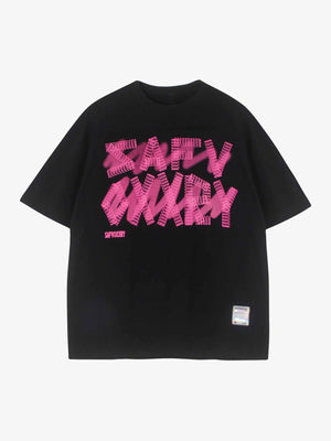 Boxy Graphic Tee with Blurred Letter Print – Black, front | XoKool
