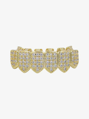 Iced Out Vampire Fang Grillz Top and Bottom Set – Gold, bottom grill front view | XoKool