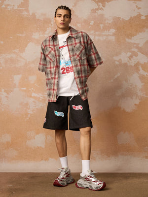 Distressed Patch Plaid Short-Sleeve Shirt - thumbnail 7