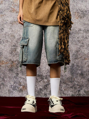 Denim Cargo Shorts with Hem Straps – on model, front (legs) | XoKool