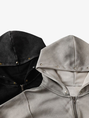 Street Washed Distressed Stitching Rivet Hooded Jacket - thumbnail 10
